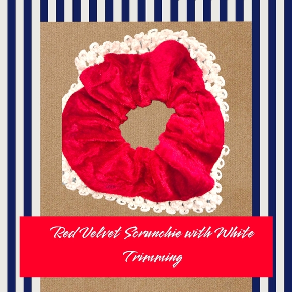 Red Velvet Scrunchie with White Trimming Decor - Picture 1 of 3